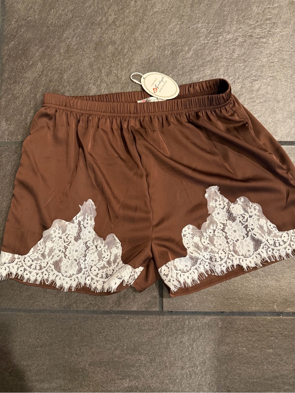 Women’s Brown Satin Lace-Trim Shorts